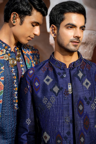 Dark Blue Open Jacket With Patola Embroidery, Resham Thread