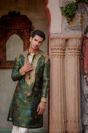 Dark Green/Multi-Coloured Kurta Set with Floral Embroidery