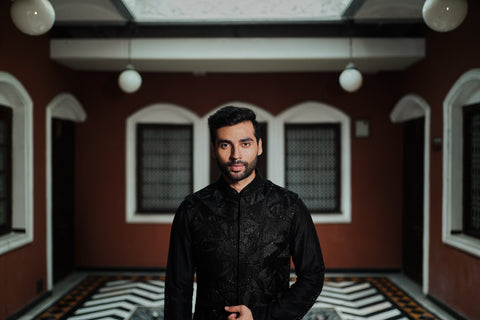 Black Long Jacket Set with Resham and Cut Dana Work - Raj Shah