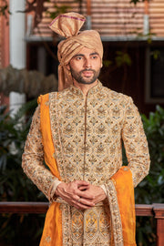 Buy Cream sherwani in raw silk with 23 types of hand work for Men - Raj Shah