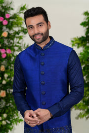 Blue long jacket in raw silk with zardoshi work - Raj Shah