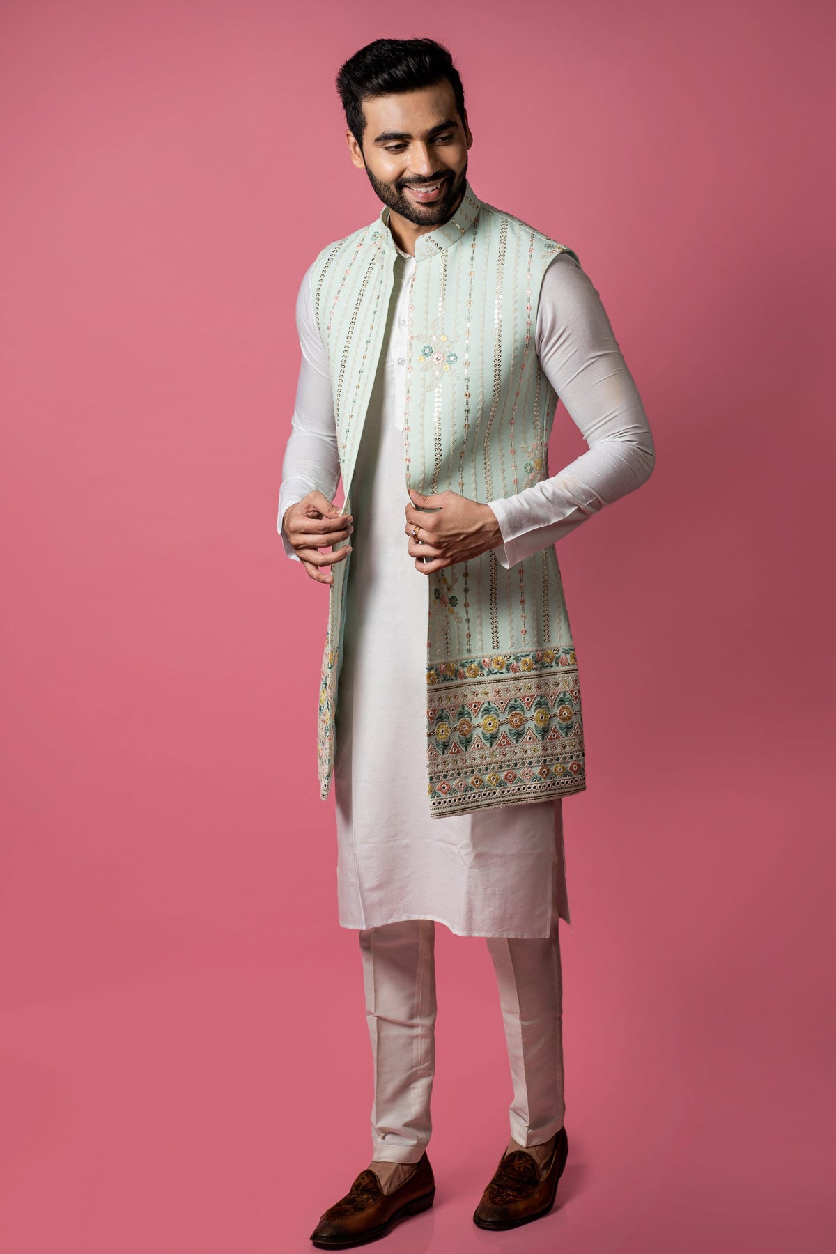 Aqua Blue Long Jacket - Raj Shah