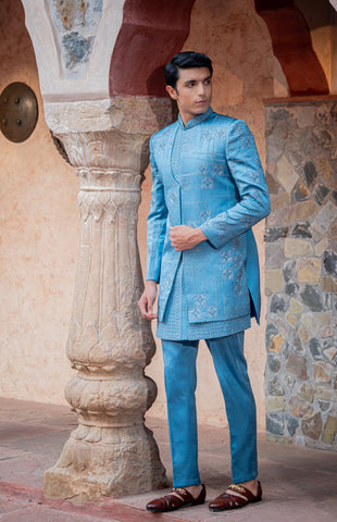 Blue Indowestern Set With Embroidery And Cutdana Work