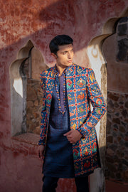 Dark Blue Open Jacket With Patola Embroidery, Resham Thread
