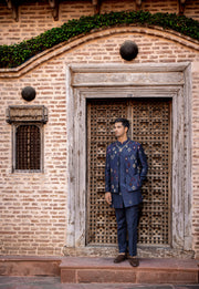 Dark Blue Indowestern With Motif Embroidery, Beads Work