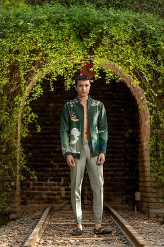 Green Bomber Jacket Set With Hand Embroidery And Motif Work
