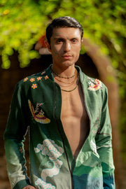Green Bomber Jacket Set With Hand Embroidery And Motif Work