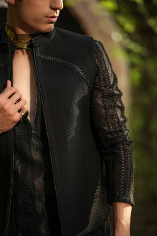 Black Jacket Set With Criss Cross Embellishment And Textured Jacket