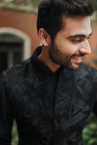 Buy Black Long Jacket Set with Resham and Cut Dana Work - Raj Shah