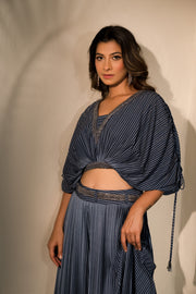 Blue Georgette Khat Work Crop Top With Palazzo