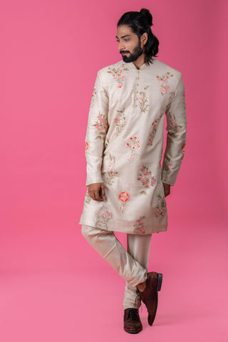 Buy Beige Pure Munga Silk Kurta for Men - Raj Shah