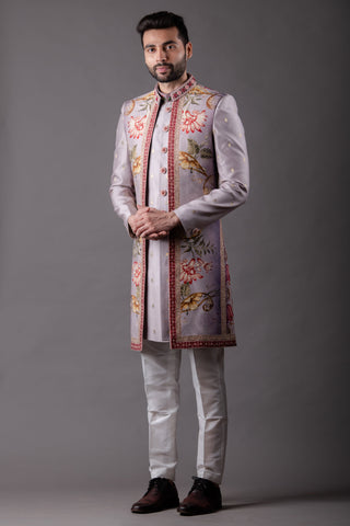 Buy Light Peach Chandari Silk Premium Indo Western Set with intricate Embroidery - Raj Shah
