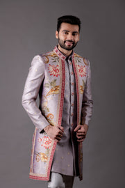 Light Peach Chandari Silk Premium Indo Western Set for Men - Raj Shah