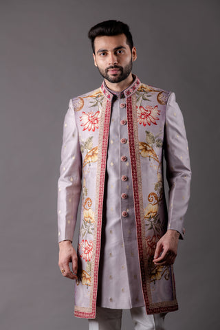 Buy Light Peach Chandari Silk Premium Indo Western Set with intricate Embroidery for Men - Raj Shah