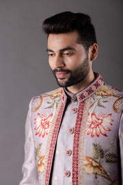 Light Peach Chandari Silk Premium Indo Western Set with intricate Embroidery - Raj Shah