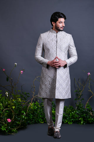 Grey indo western with resham and zardoshi work -  Raj Shah