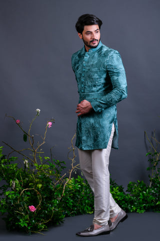 Green indo western with resham and zardoshi work - Raj Shah