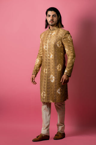 Buy Pure Silk Golden Indowestern With Intricate mirror embroidery - Raj Shah