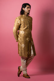 Buy Pure Silk Golden Indowestern With Intricate mirror embroidery for Men - Raj Shah