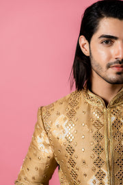 Pure Silk Golden Indowestern With Intricate mirror embroidery - Raj Shah