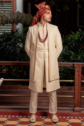 Buy Cream sherwani in lucknowi with sequence and resham work for Men - Raj Shah