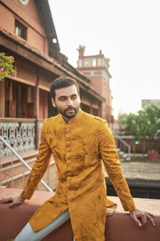 Buy Mustard indo western in raw silk with resham and cut-dana work - Raj Shah