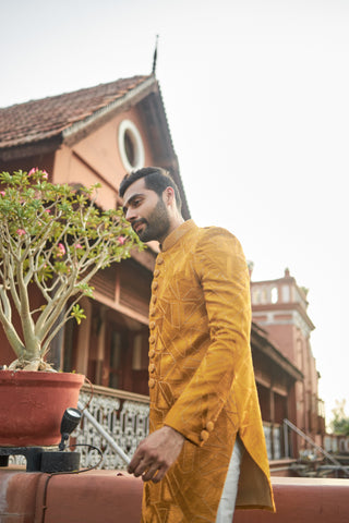 Buy Mustard indo western in raw silk with resham and cut-dana work for Men - Raj Shah