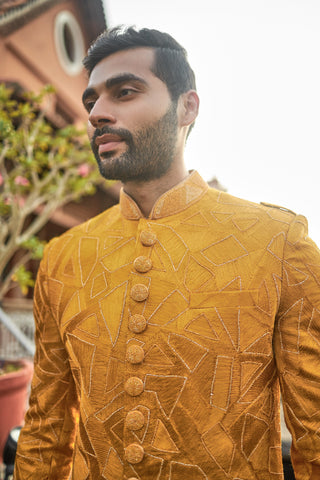 Buy Mustard indo western in raw silk with resham and cut-dana work Collection for Men - Raj shah