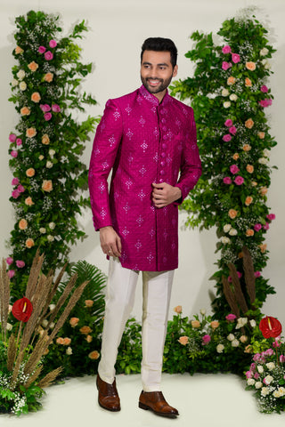 Buy Pink indowestern in lucknowi with mirror work for Men - Raj Shah