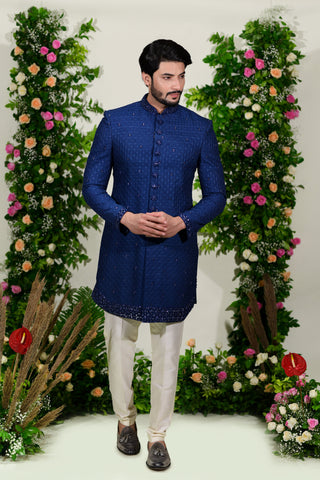 Buy Blue indowestern in lucknowi with mirror work for Men - Raj Shah