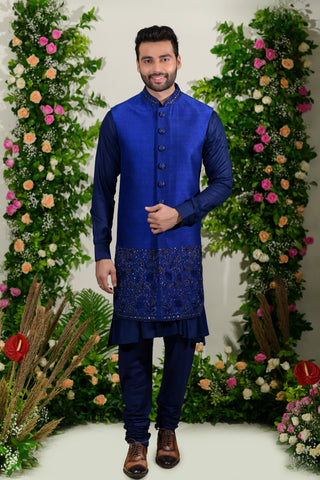 Buy Blue long jacket in raw silk with zardoshi work - Raj Shah