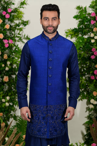 Buy Blue long jacket in raw silk with zardoshi work for Men - Raj Shah