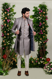 Grey long jacket set in lucknowi - Raj Shah