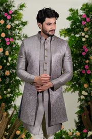 Buy Grey long jacket set in lucknowi - Raj Shah