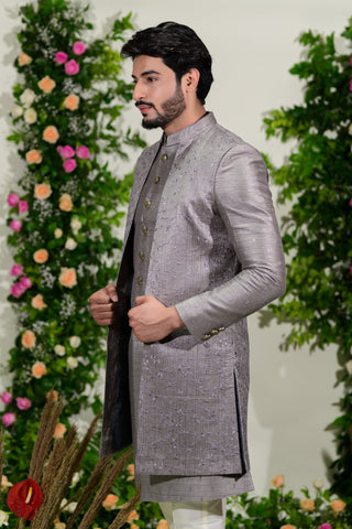 Grey long jacket set for Men - Raj Shah