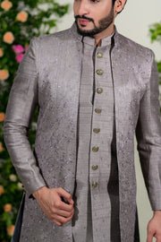 Buy Grey long jacket set in lucknowi for Men - Raj Shah