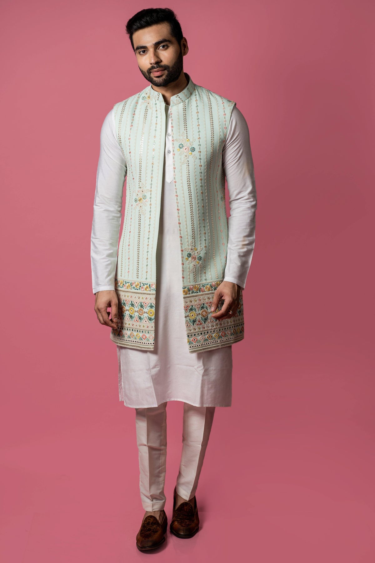 Buy Aqua Blue Long Jacket Set - Raj Shah