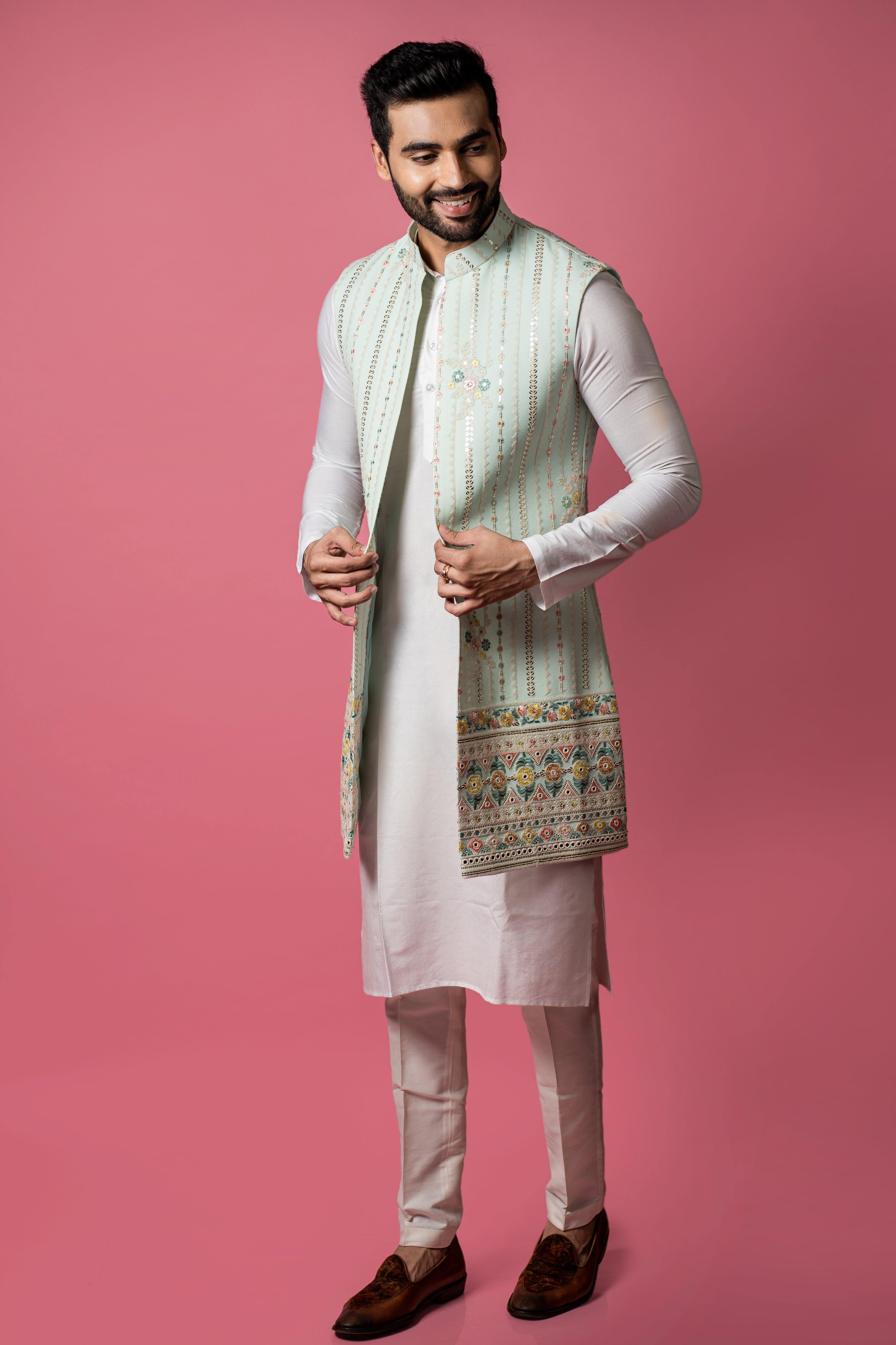 Aqua Blue Long Jacket - Raj Shah