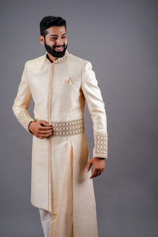 Buy Cream Indowestern with a Statement Drape Collection for Men - Raj Shah